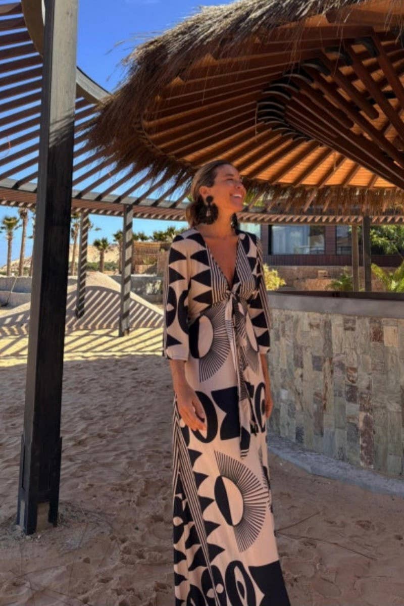 CWDMD945_V-NECK PRINTED LACE-UP LOOSE MID-SLEEVE DRESS