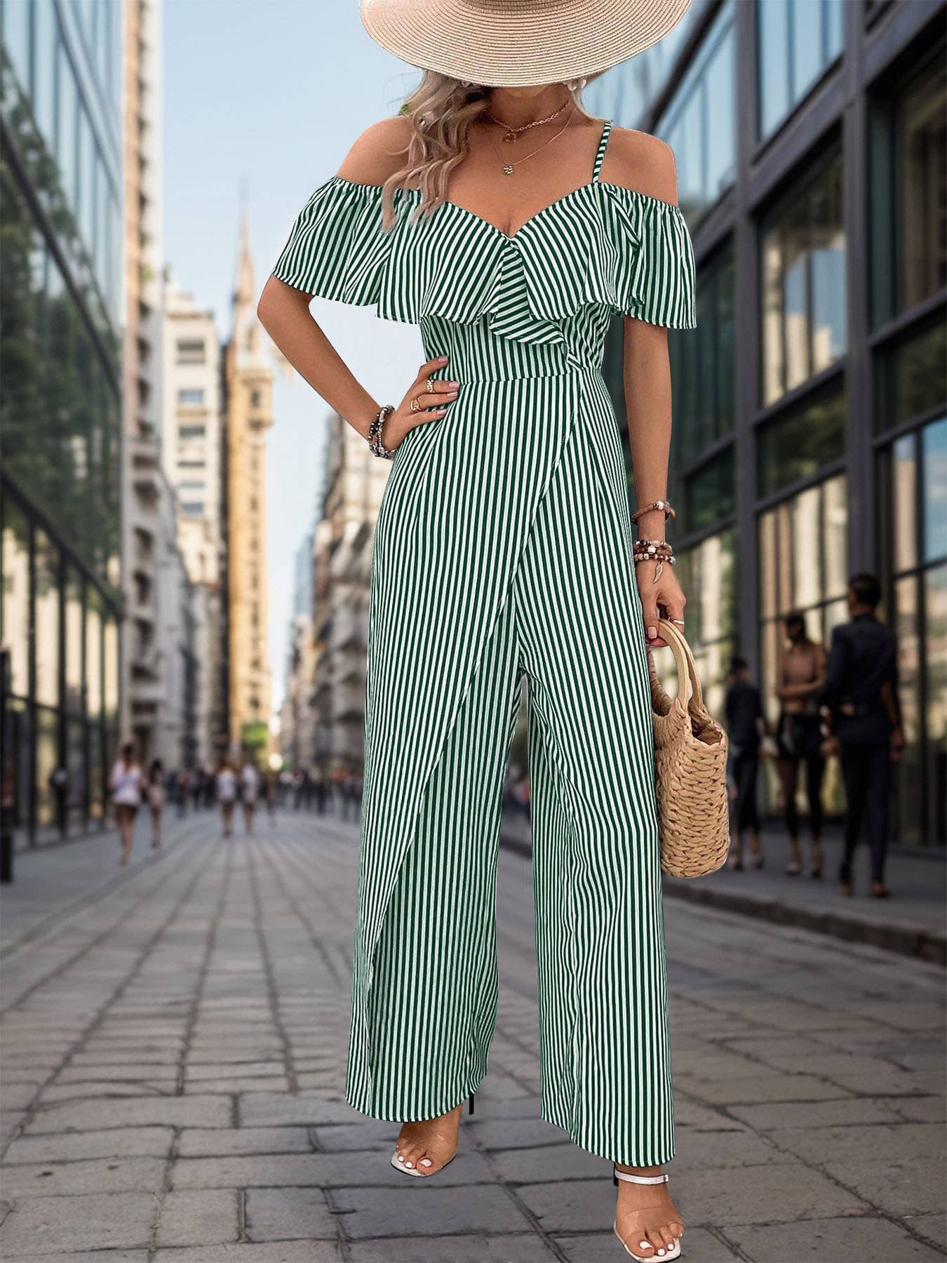Long, wide-leg rompers with striped straps