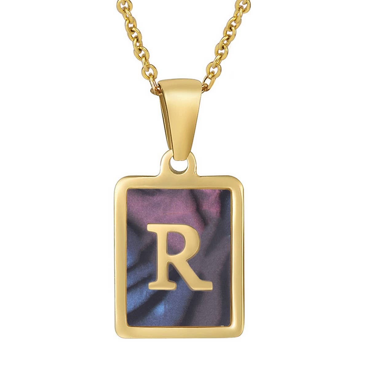 CWAJE1930_Square Stainless Steel Color Shell Letter Necklace