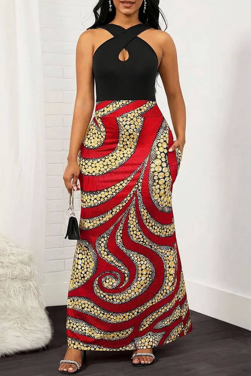 CWDMD5080_SUMMER TEMPERAMENT COLORBLOCK HALTER NECK DRESS