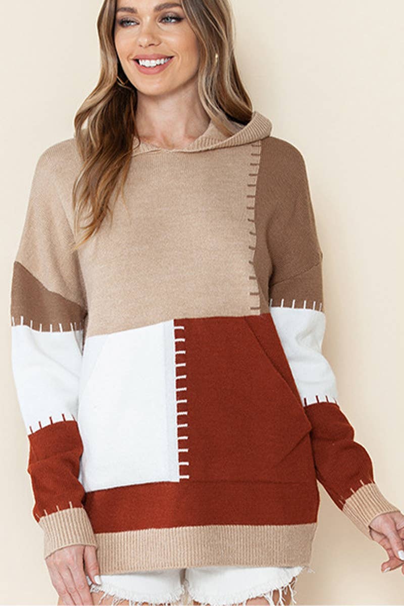 SLOUCHY HOODED PATCHWORK PULLOVER SWEATER