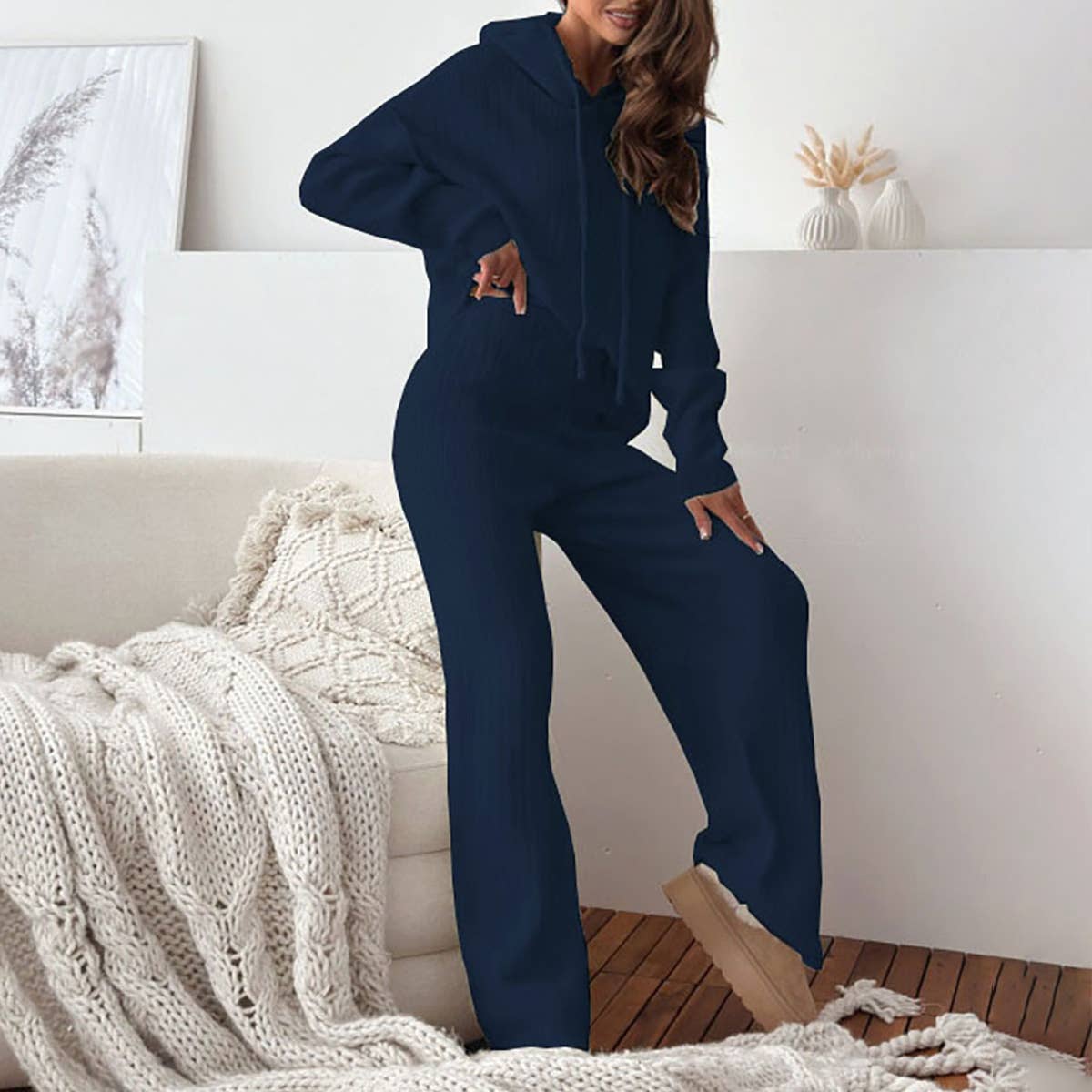 SOLID COLOR KNIT HOODED LOOSE TWO-PIECE SET