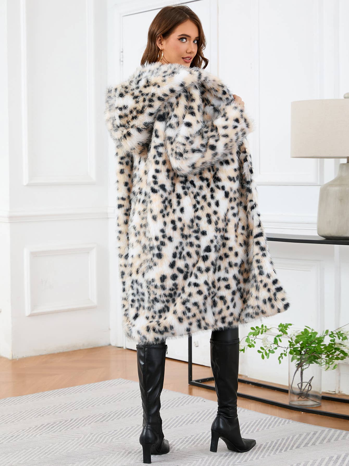Leopard hooded long-sleeved mid-length warm coat