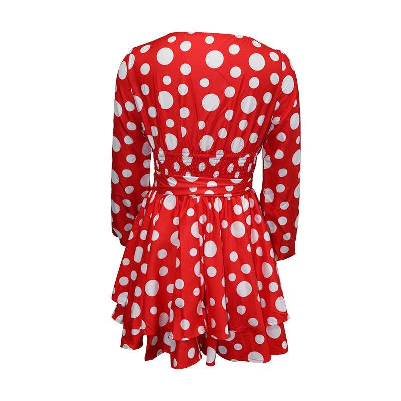 V-NECK LONG-SLEEVED POLKA DOT FASHION DRESS