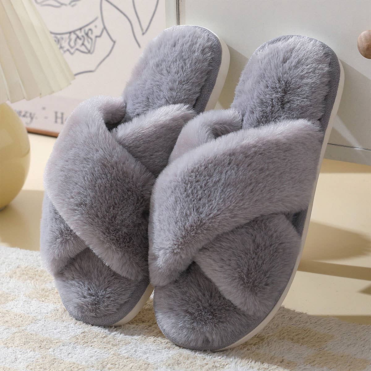 Cross style Faux rabbit fur slippers For Women