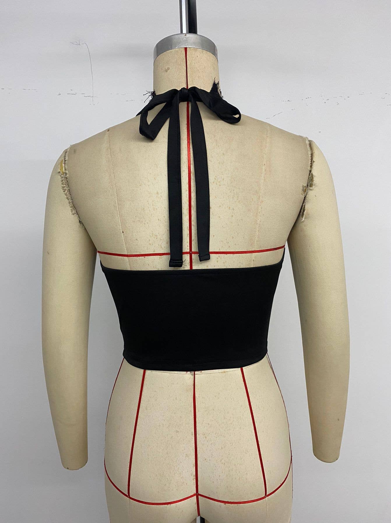 Sexy, form-fitting deep V-neck lace halter top