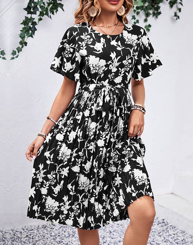 SUMMER CREW-NECK SHORT-SLEEVED PRINTED DRESS