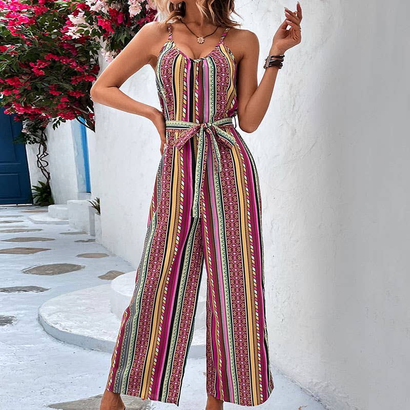 Striped halter nine-quarter jumpsuit