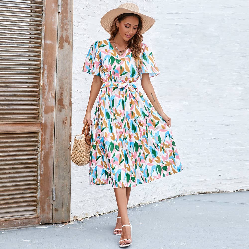 Puffy sleeve V-neck lace-up waist long dress