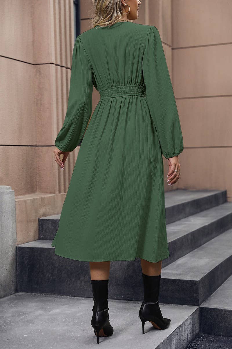 CWDMD3561_V-NECK SOLID COLOR LONG SLEEVE SLIT DRESS
