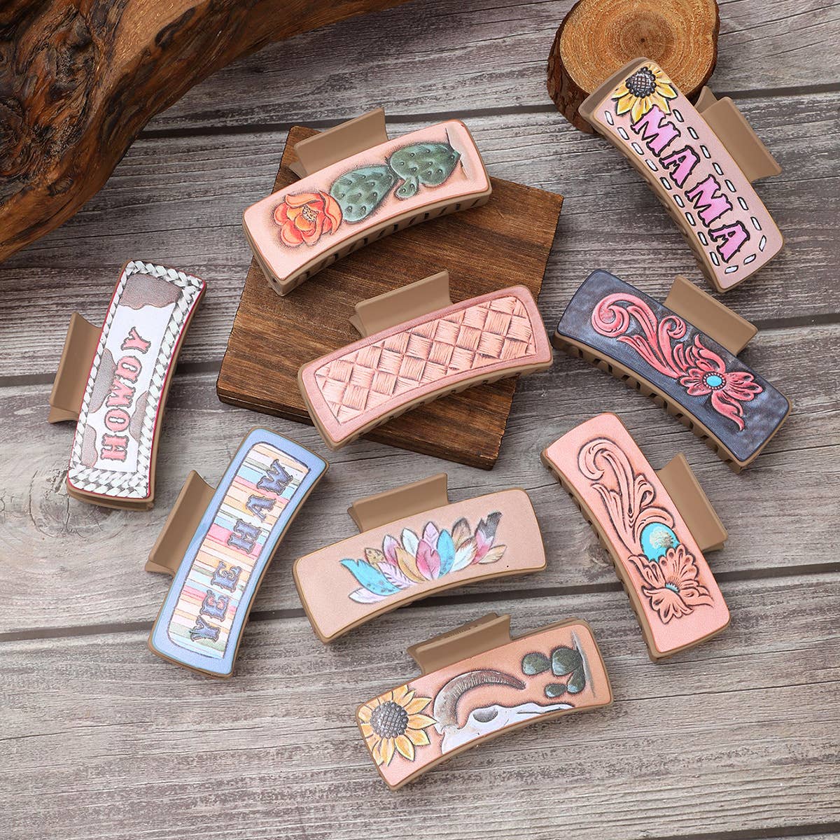 Western Cactus Sunflower Hair Claw - Leather Clip