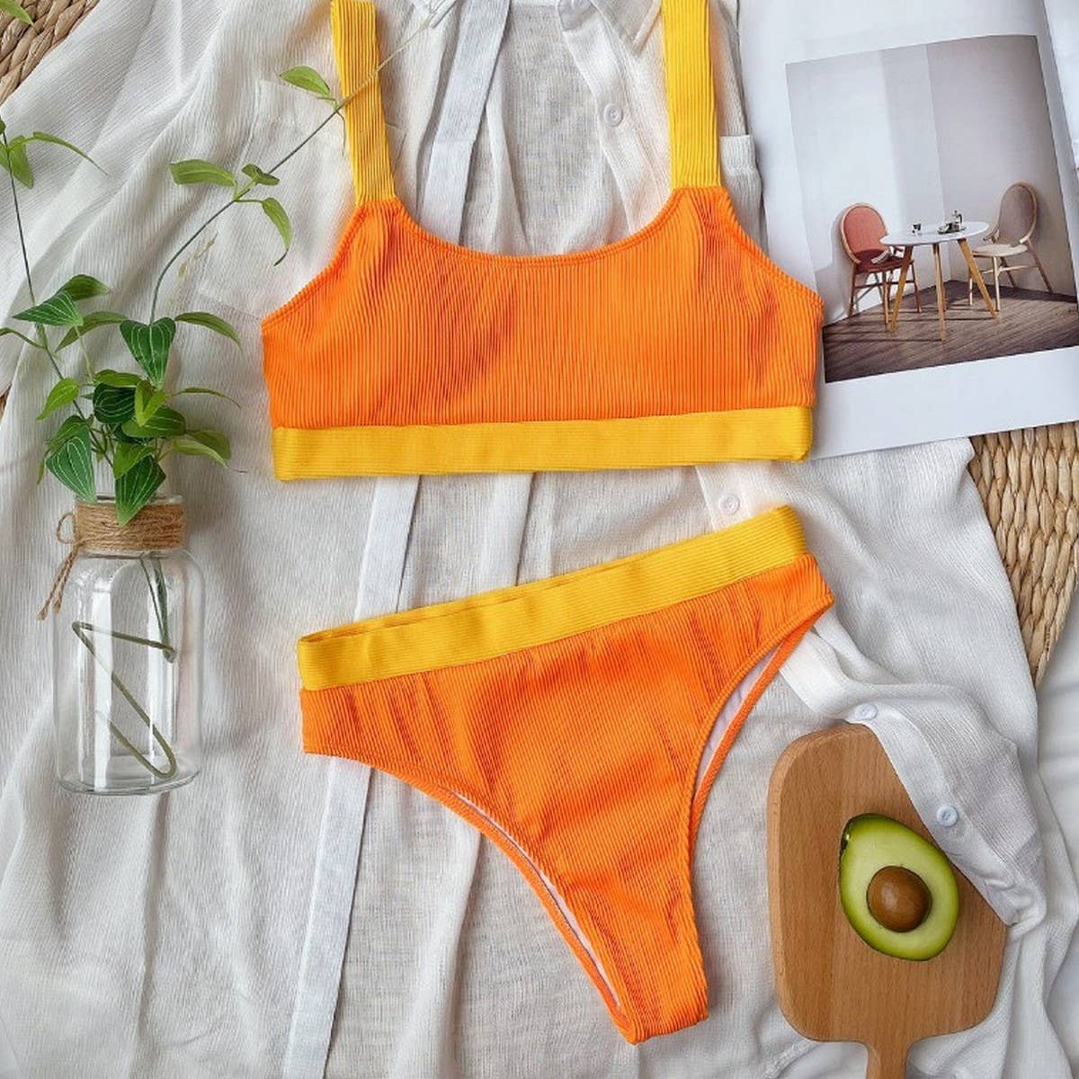 High Waist Bikini Set - Solid Color Women Swimsuit