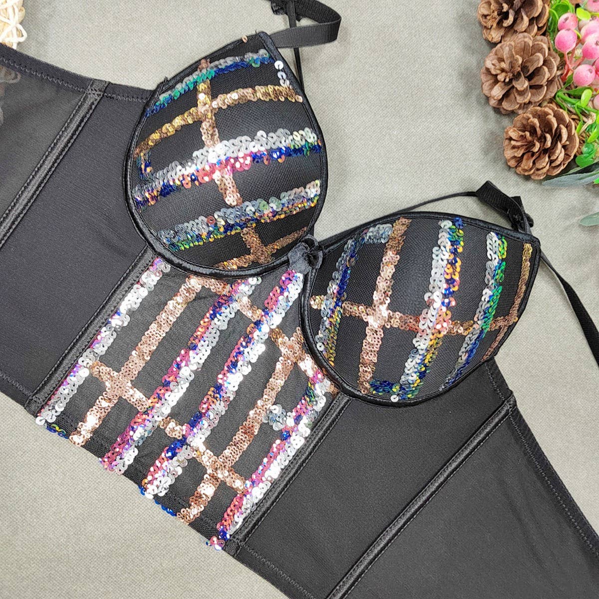 LACE EMBROIDERED SEQUINED HERRINGBONE CORSET