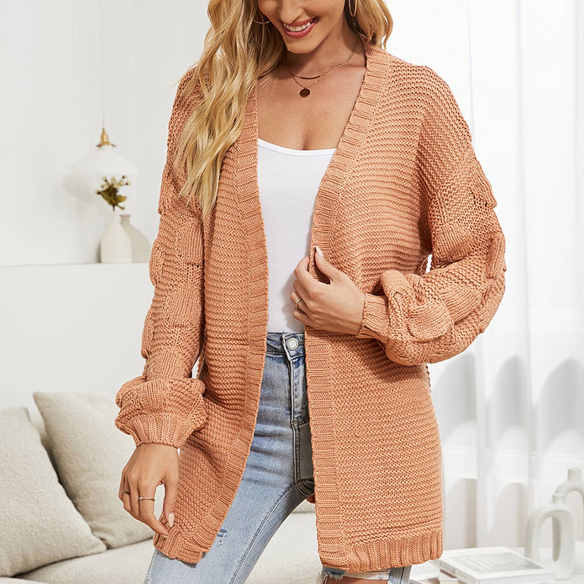 KNIT CARDIGAN PUFFY SLEEVE COAT SWEATER