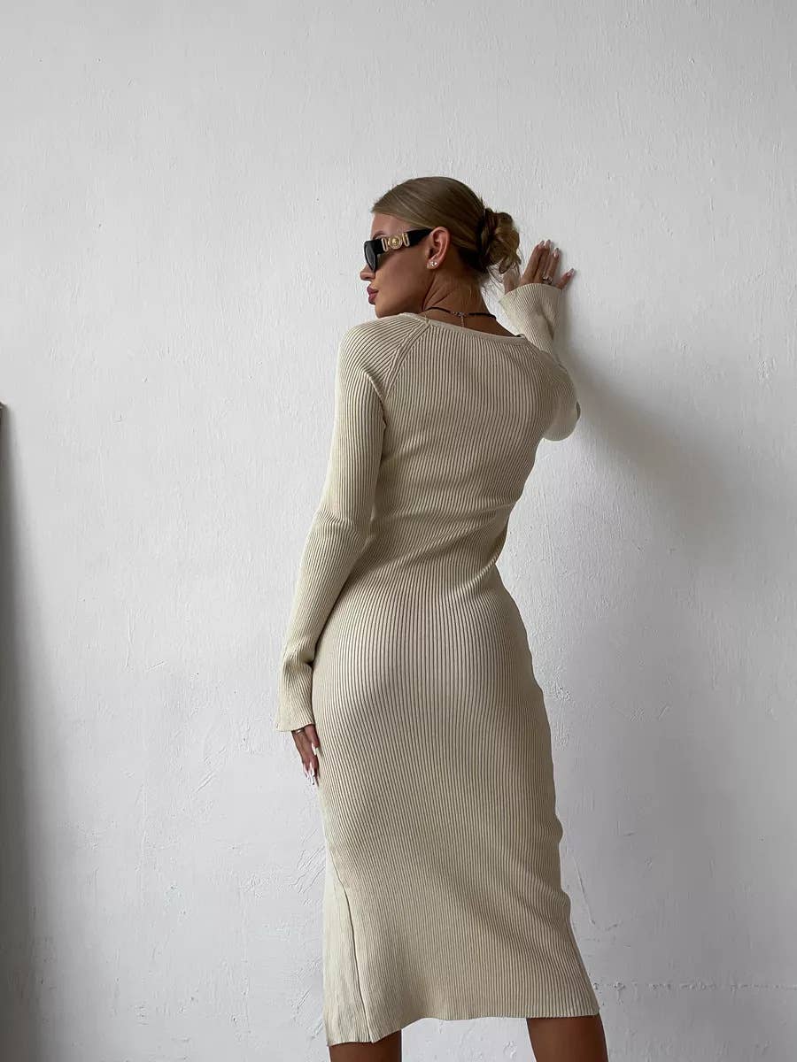 LONG-SLEEVED SLIT TIGHT-WRAPPED HIP SWEATER DRESS