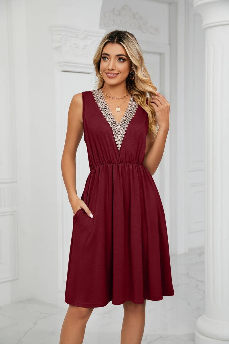 CWDSD3116_V-Neck Lace Trim Sleeveless Dress