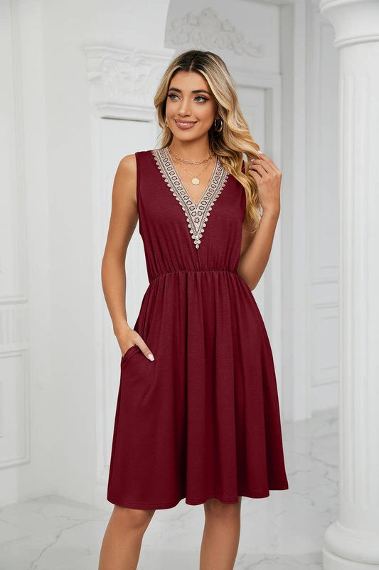 CWDSD3116_V-Neck Lace Trim Sleeveless Dress