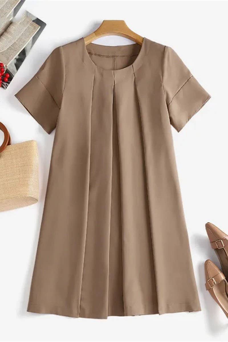 CWDSD5500_LOOSE PLEATED ROUND NECK SHORT SLEEVE DRESS