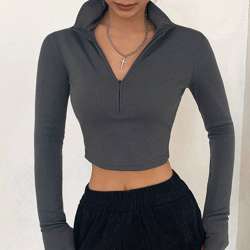 Zipper half neck crop slim T-shirt