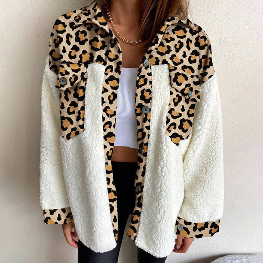 LAPEL LEOPARD PLAID PRINT FLEECE PATCHWORK COAT