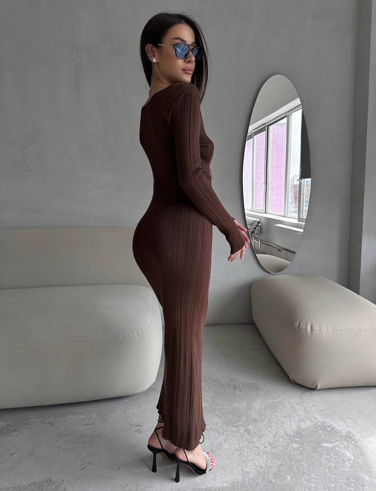 SOLID COLOR ROUND NECK PIT STRIP SLIMMING DRESS