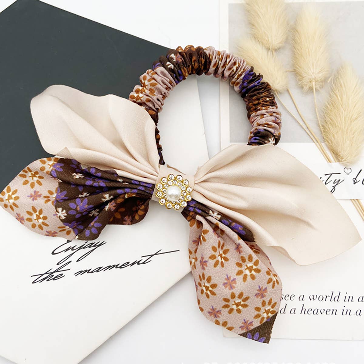 PEARL MOSAIC FLORAL CLOTH BOW HAIR TIE_CWAHA0518