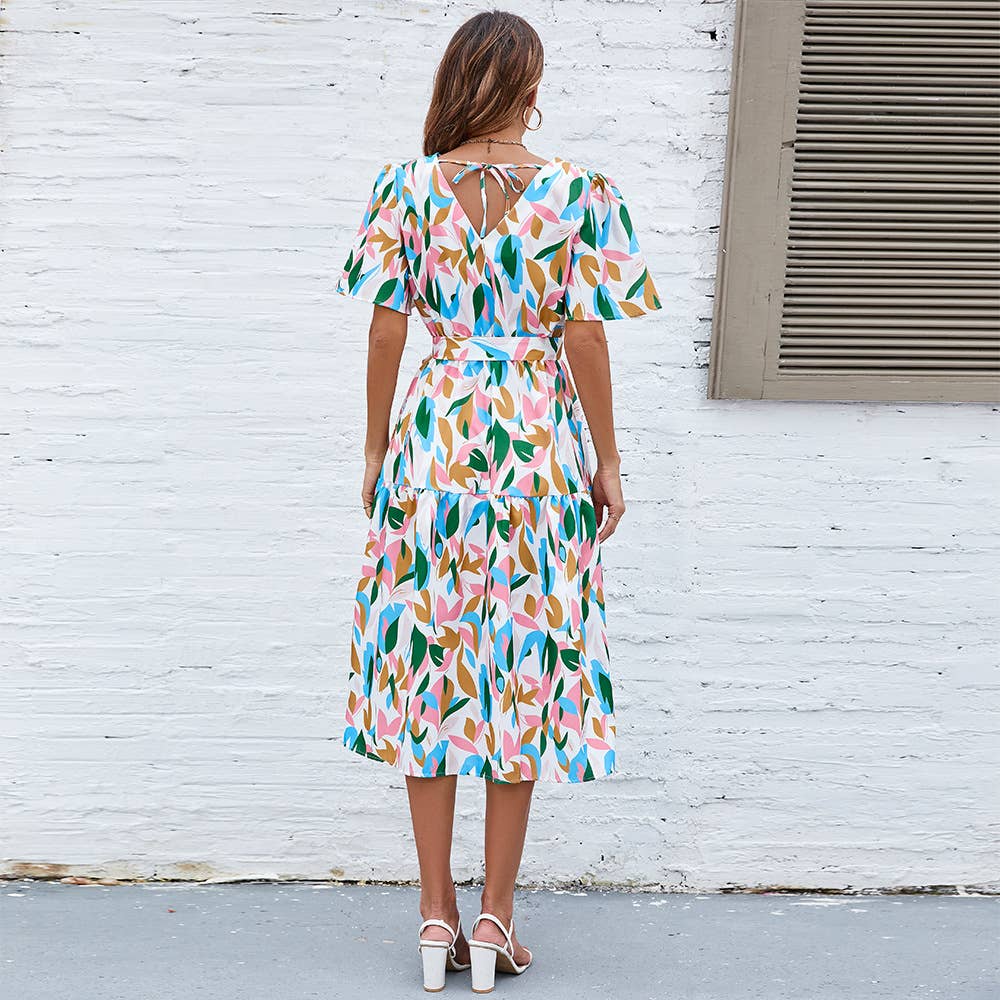 Puffy sleeve V-neck lace-up waist long dress