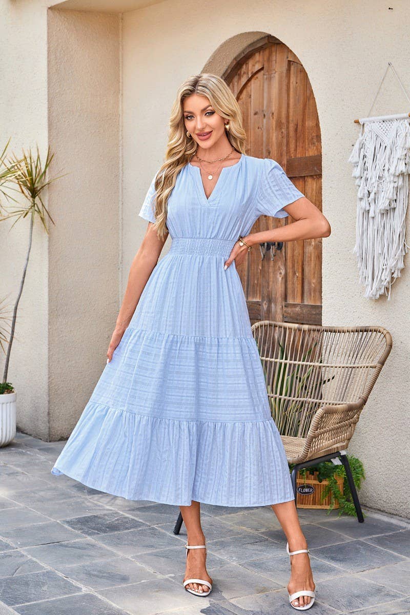 CWDMD6338_V-NECK PLEATED PUFF SLEEVES LONG-SLEEVED DRESS