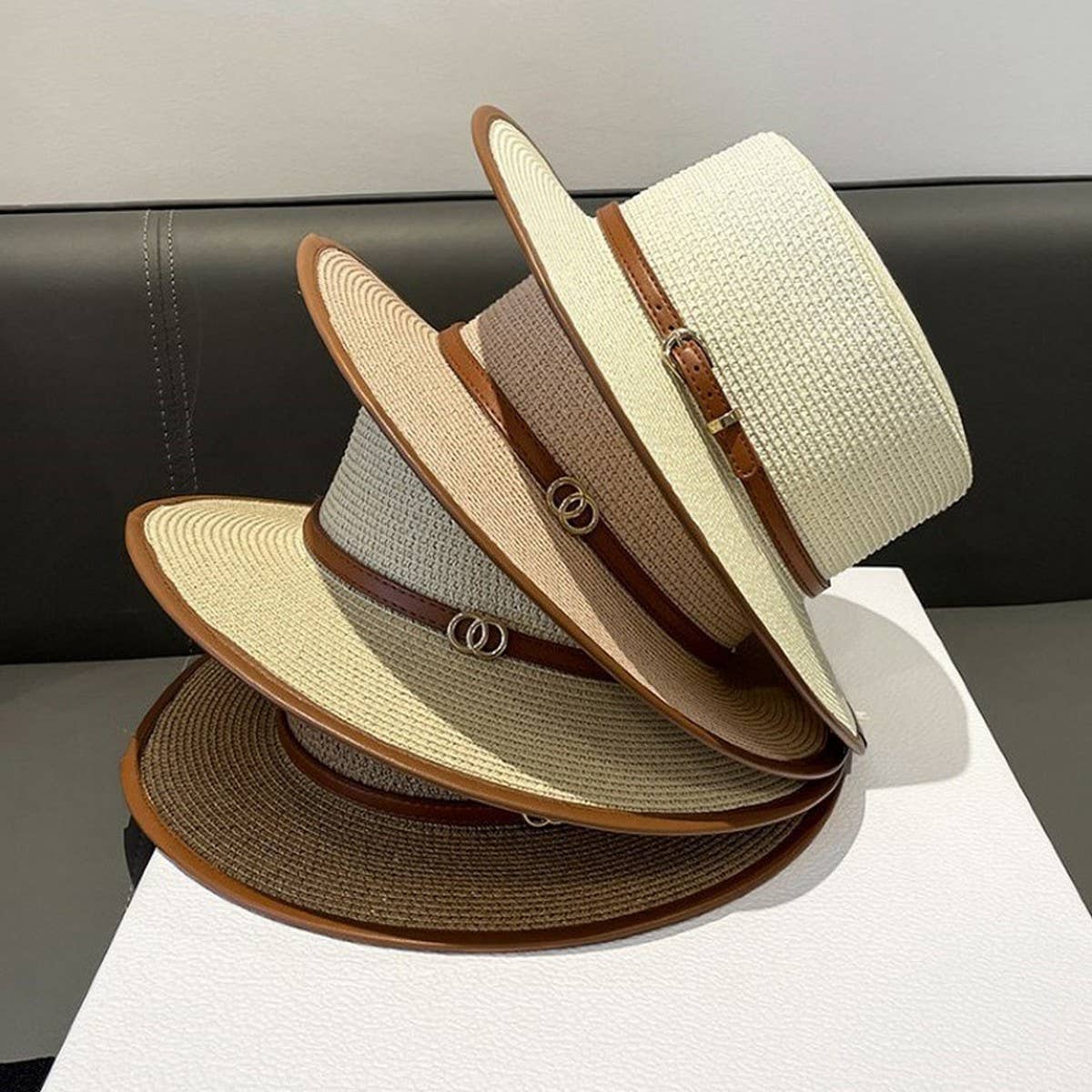 BRITISH STYLE FLAT TOP FASHIONABLE BELT STRAW HAT_CWAH1156