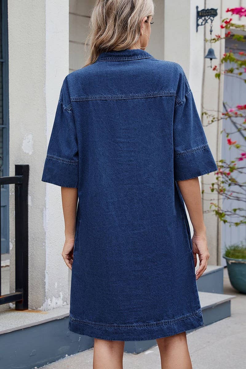 CWDSD10898_CASUAL WASHED V NECK SHORT SLEEVE DENIM DRESS