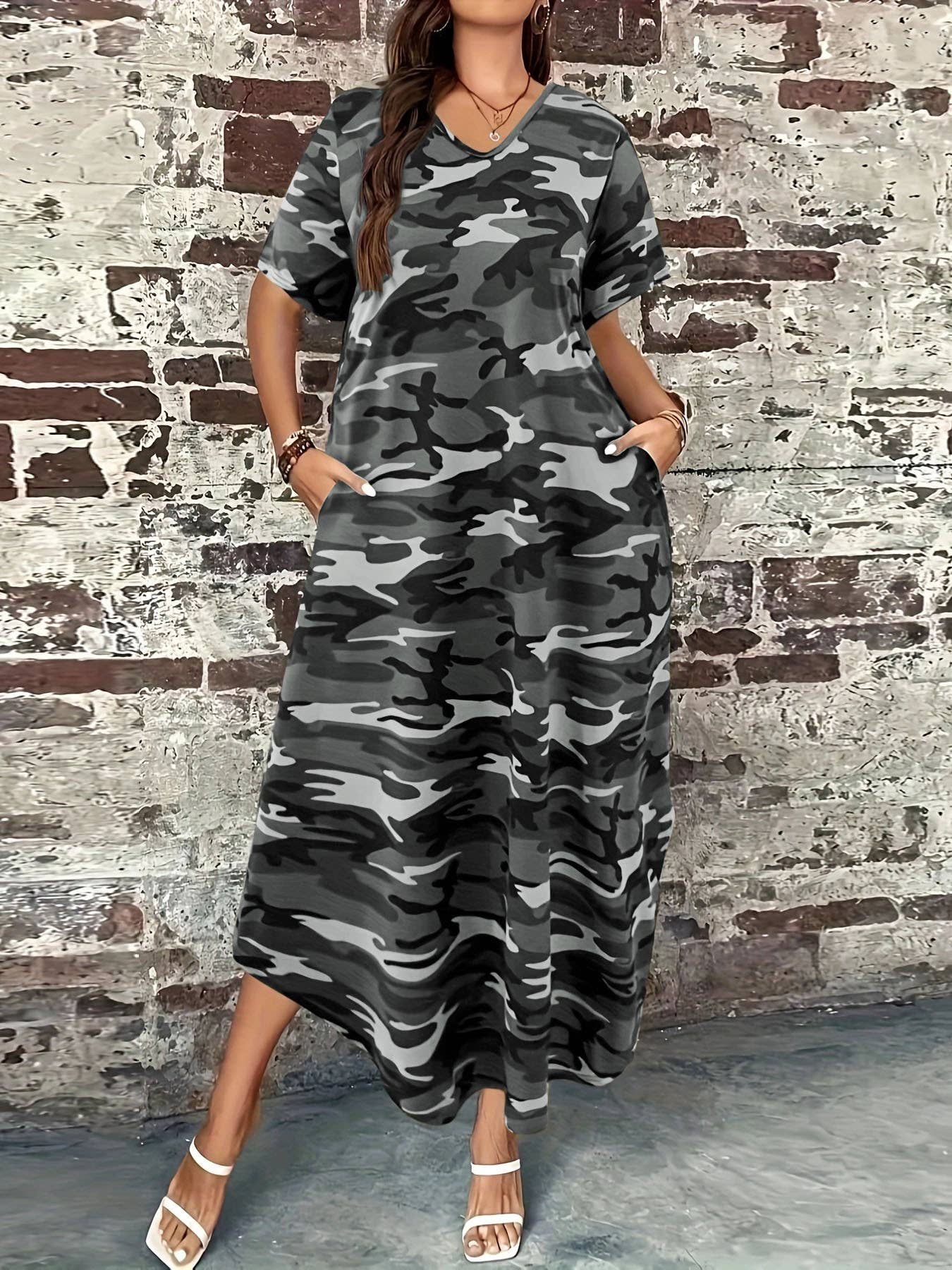Long loose camouflage printed dress