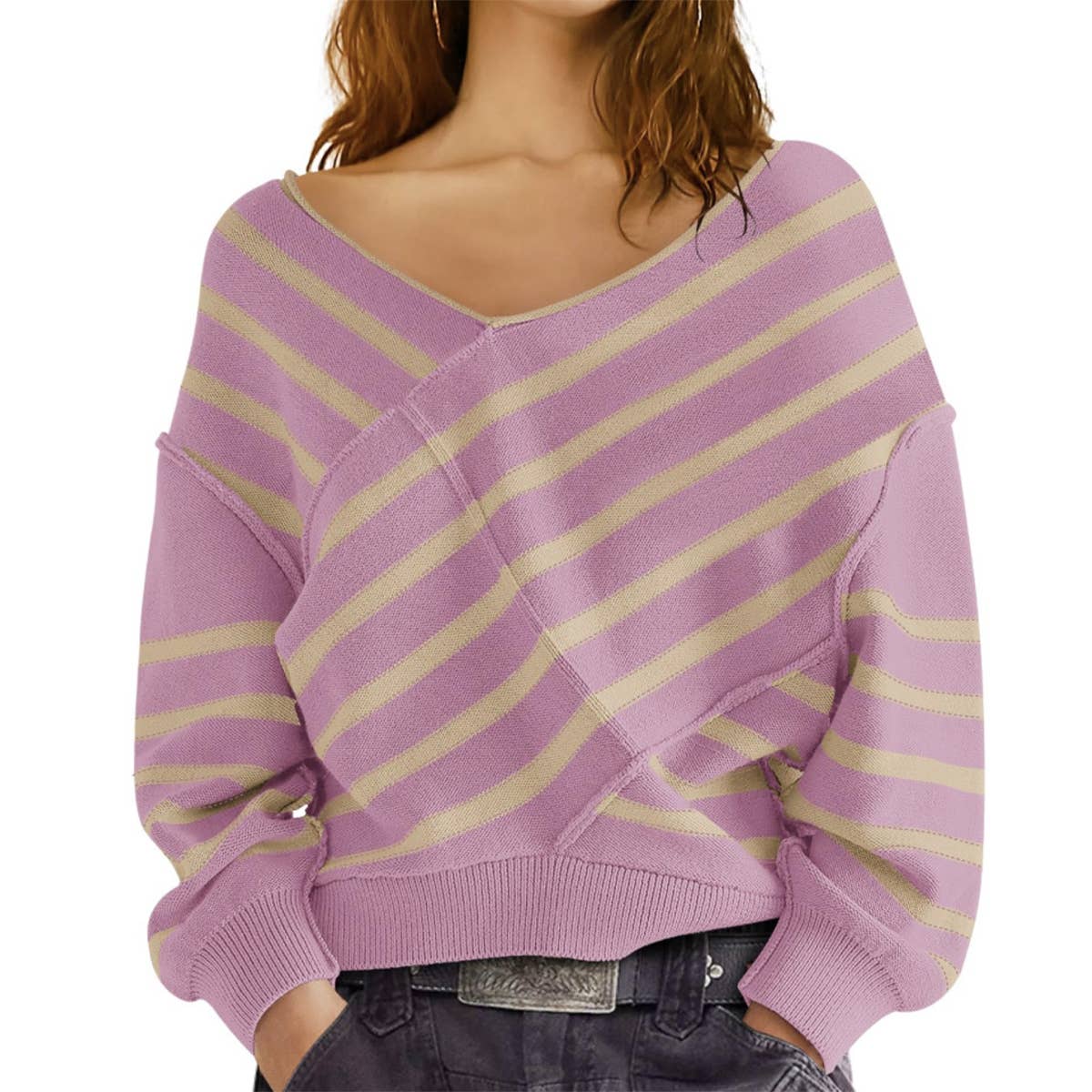 LINE NECK V-NECK COLOR MATCHING PULLOVER SWEATER