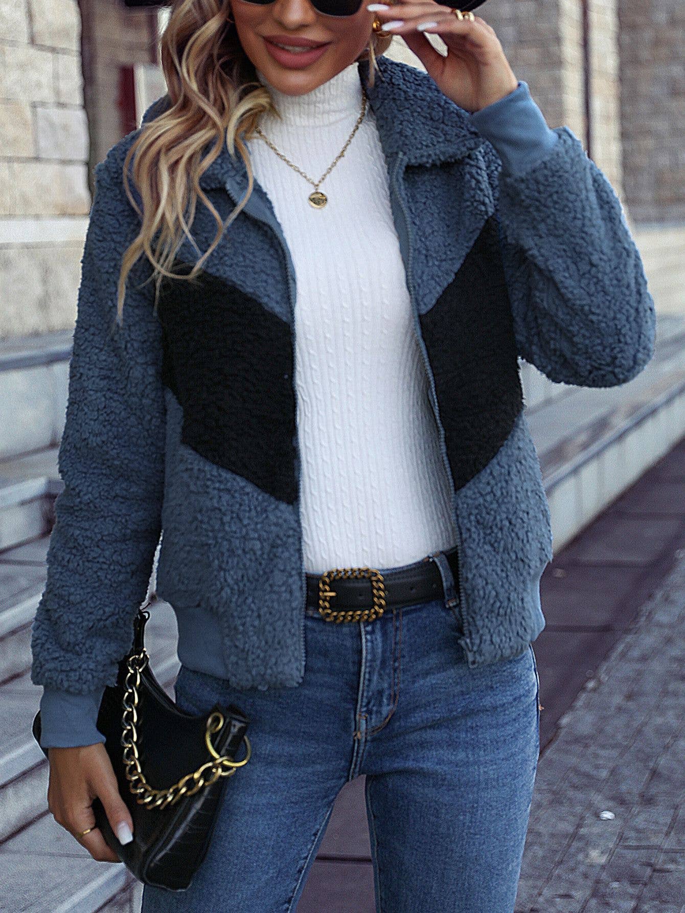 LAPEL POCKET LONG SLEEVE ZIPPERED FLEECE JACKET