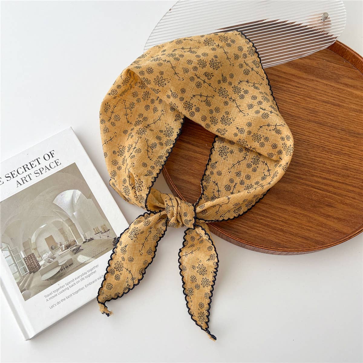 Lace Trim Cotton Linen Floral Triangle Scarf