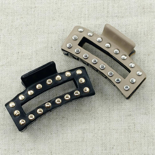 9cm Rectangular Faux Leather Studded Hair Claw_CWAHA6366