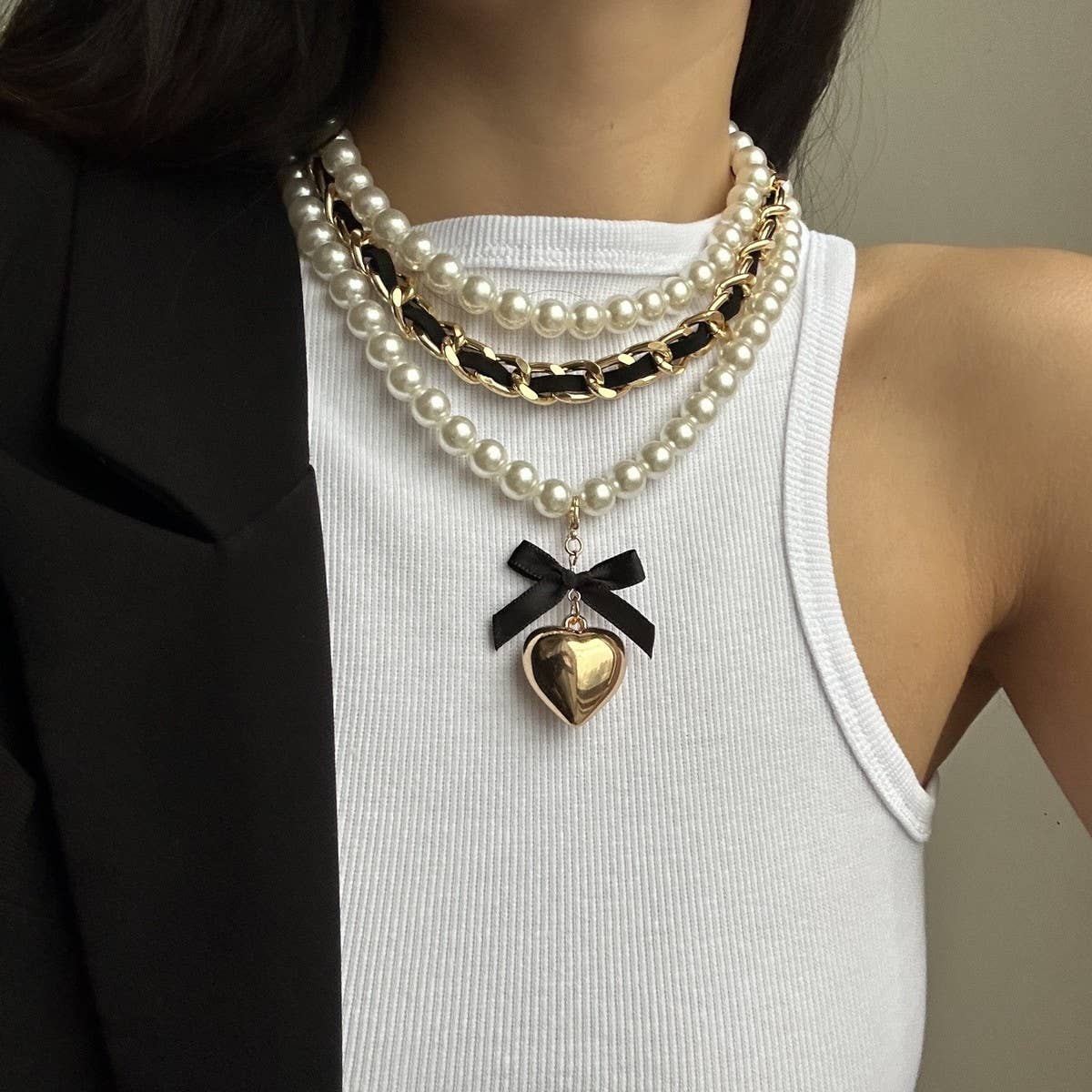 HIGH-END FASHION PEARL RIBBON BEADED NECKLACE