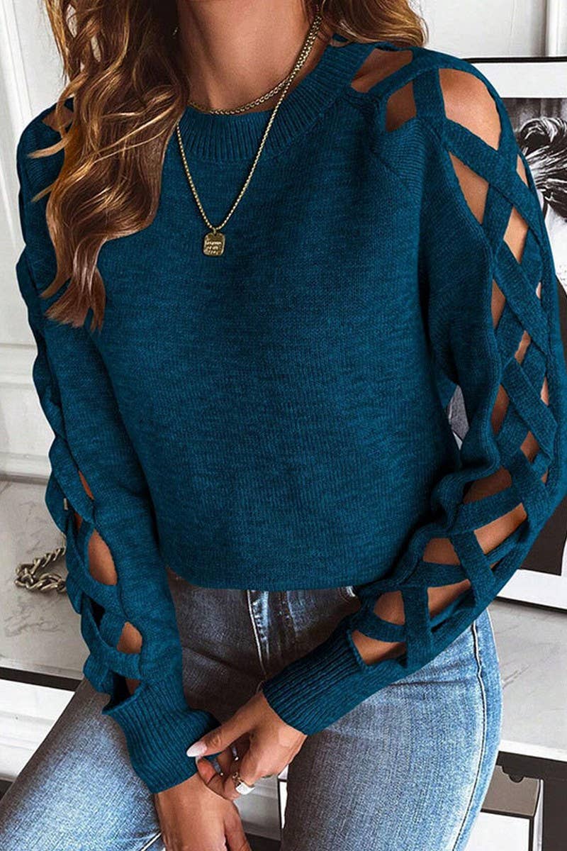 CWOSWL07365_HOLLOW STRIP PATCH LONG SLEEVE KNIT CREWNECK TOP