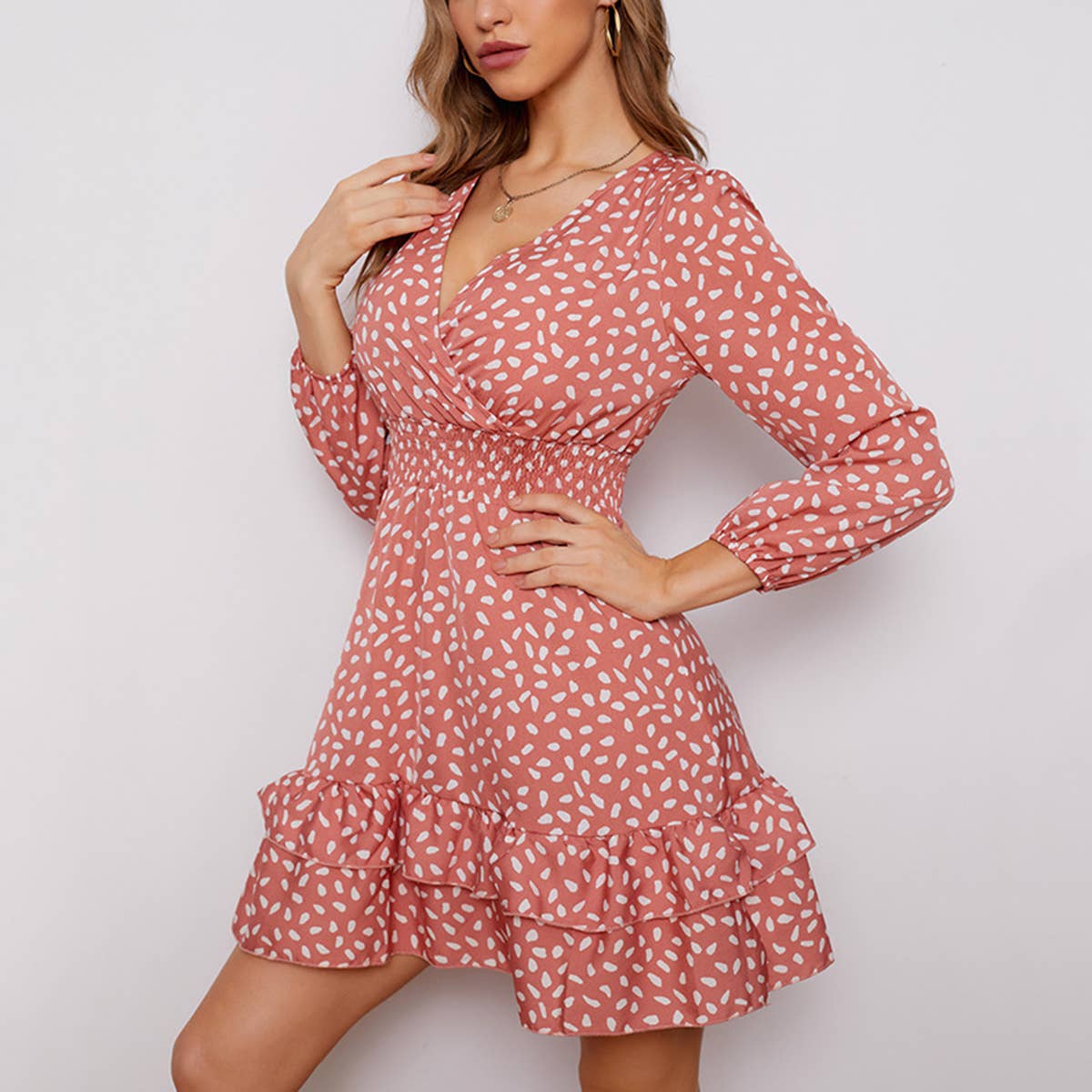 V-NECK BUBBLE LONG SLEEVE SKIRT DRESS