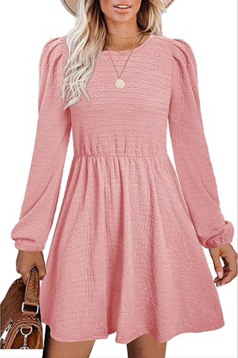 CWDSD10646_PUFF SLEEVE ROUND NECK HIGH WAIST DRESS