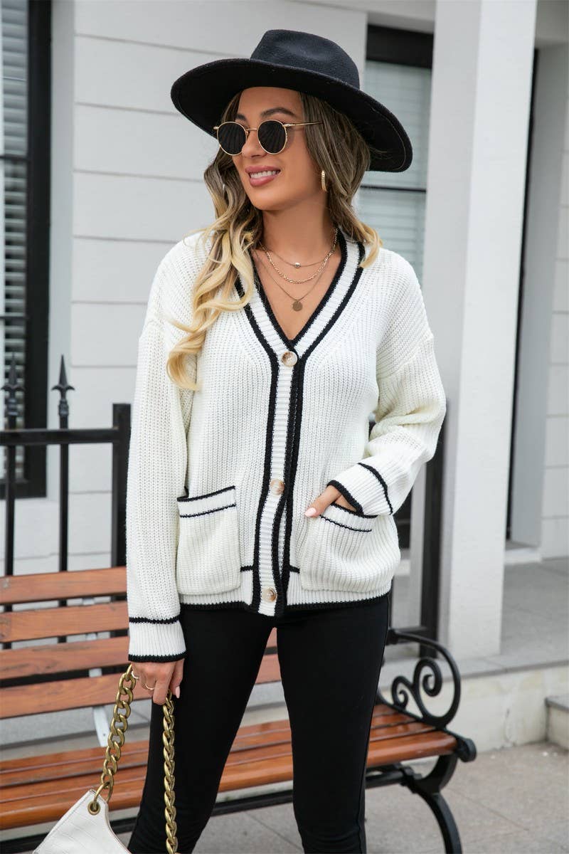 CWOSWL1670_Button Down Sleeve  V-Neck Cardigan Sweater