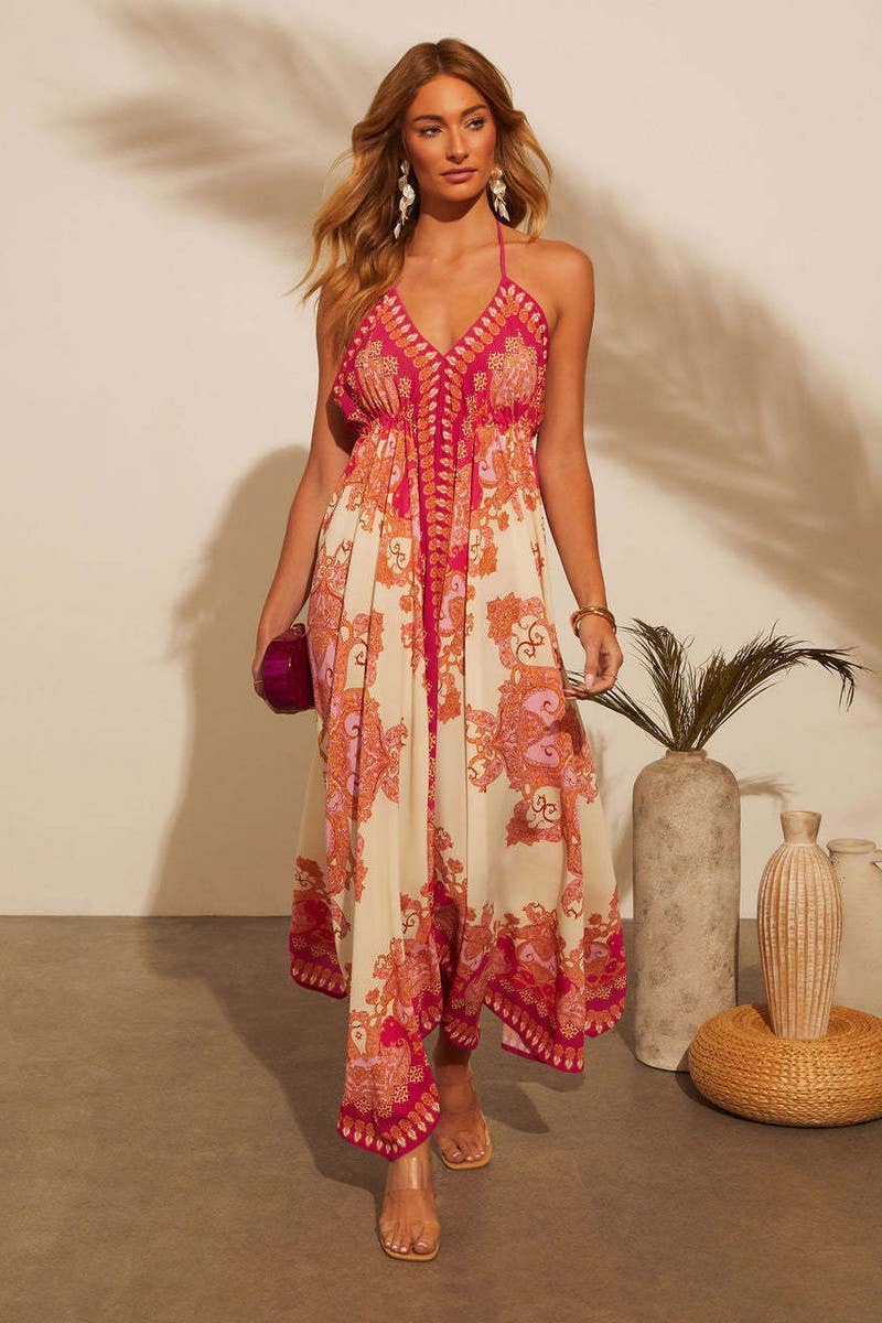 CWDMD5509_ELEGANT OFF SHOULDER V NECK FLORAL MAXI DRESS