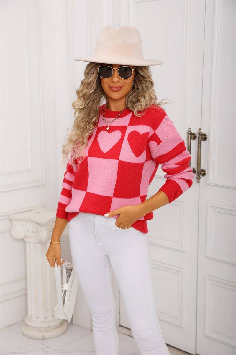CWOSWL07596_COLORBLOCK PLAID HEART KNIT SWEATER