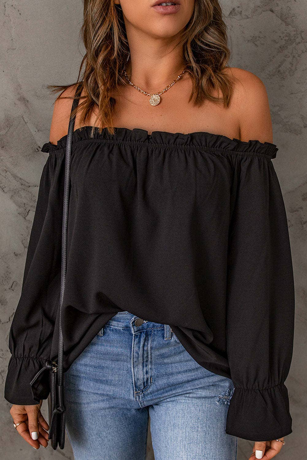 Solid-color pullover sexy off-the-shoulder shirt