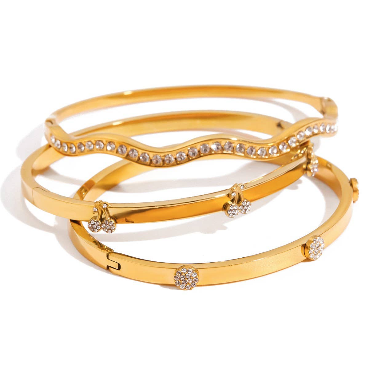 Classic 18K Gold Round White Zircon Open Bangle