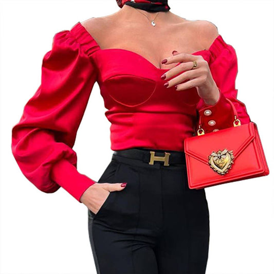 SOLID COLOR SEXY ONE-SHOULDER SHORT SATIN TOP