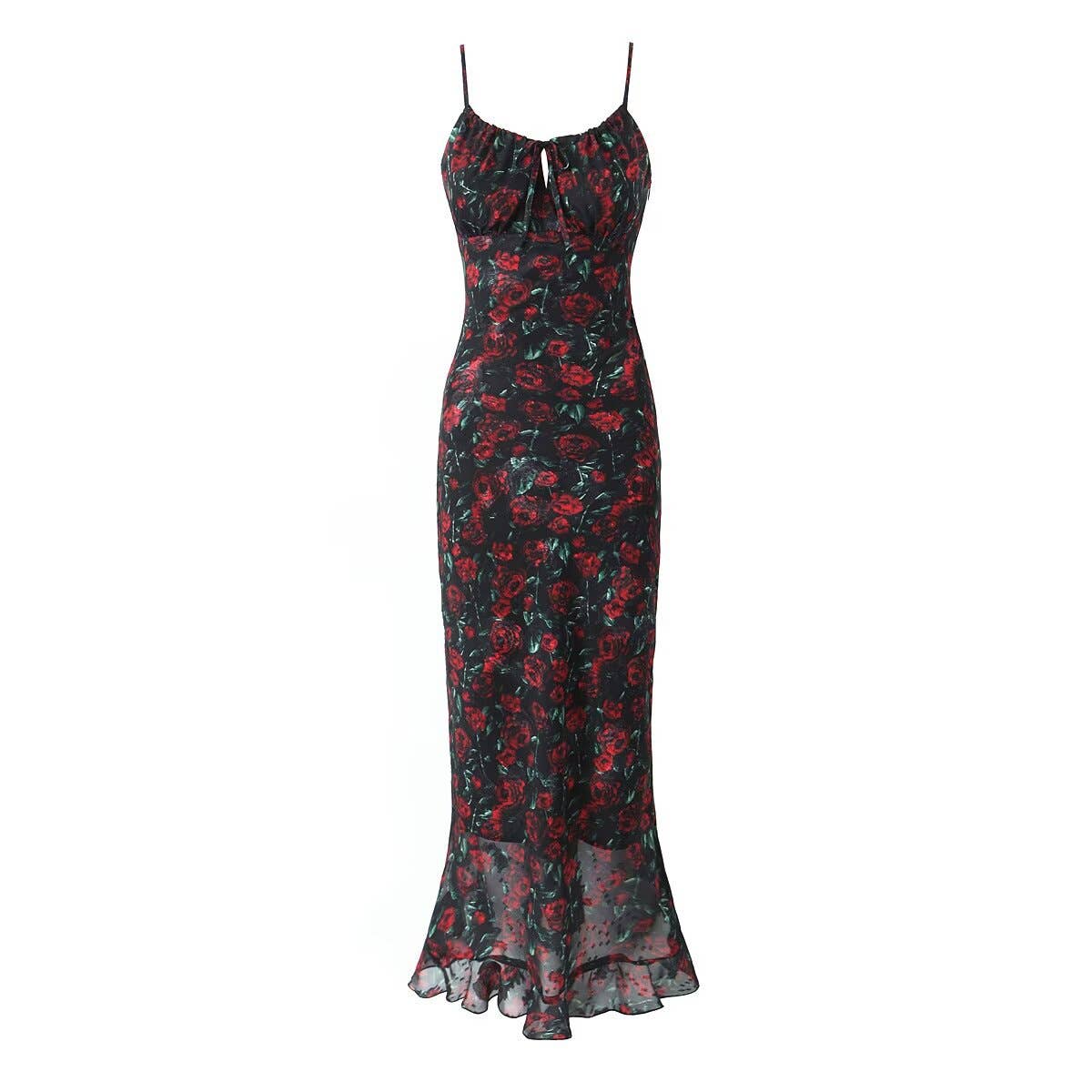 SLIM-FIT FISHTAIL FRENCH ROSE FLORAL HALTER DRESS