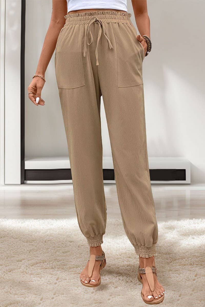 CWBLP1793_SUMMER SOLID COLOR TEXTURED ELASTIC WAIST PANTS