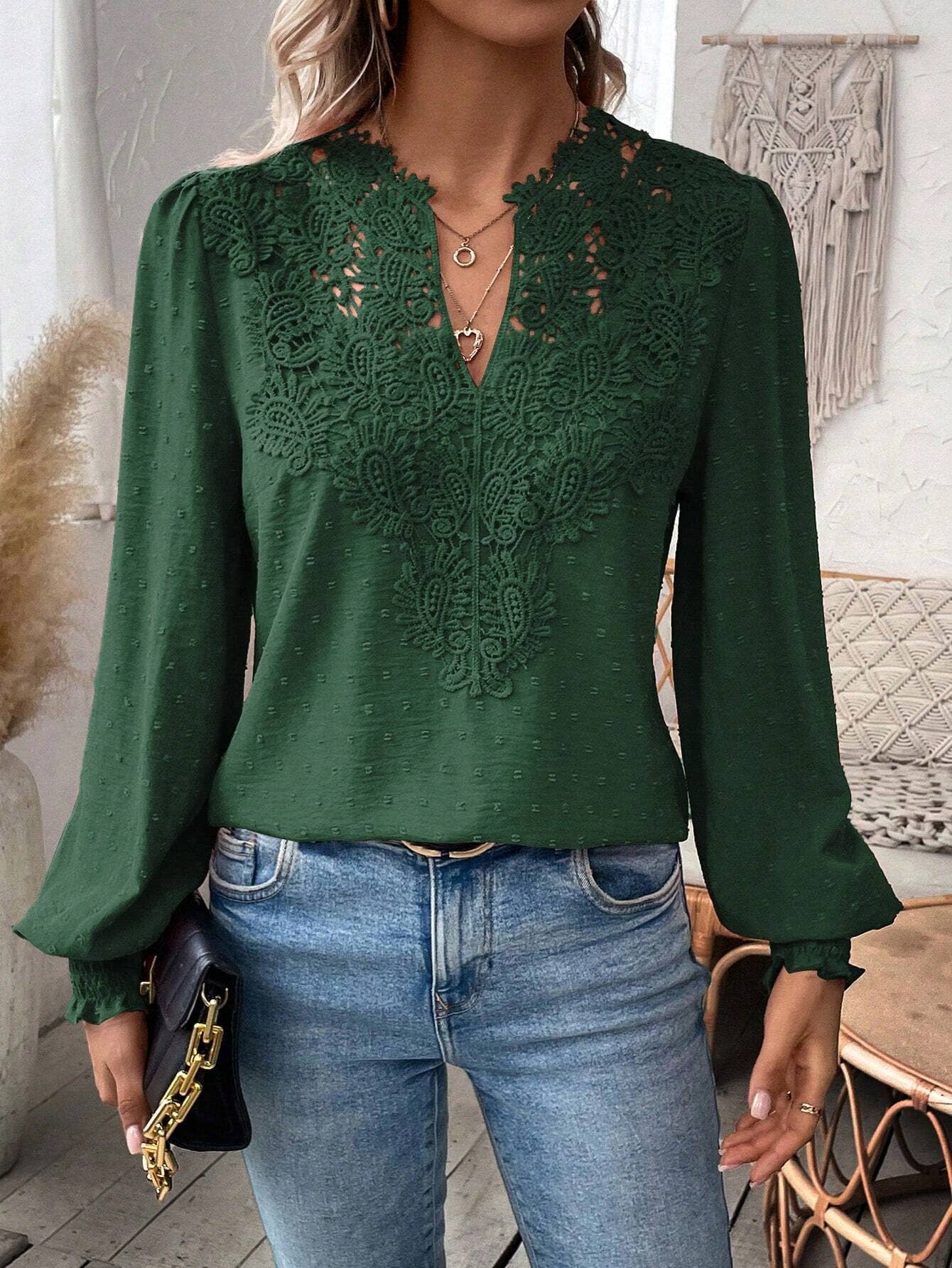 V-neck lace solid-color long-sleeved T-shirt