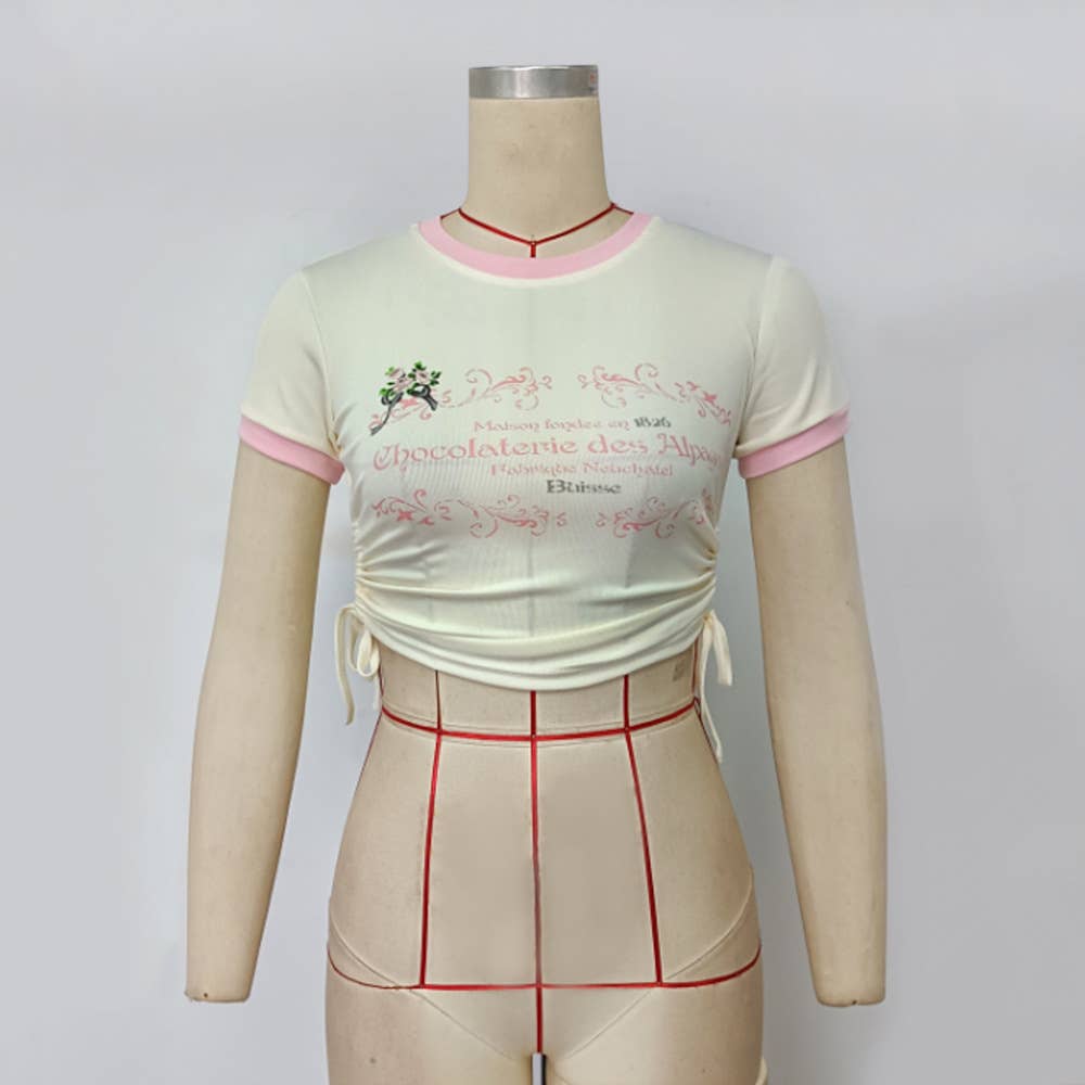 Printed Round Neck Drawstring Short T-Shirt