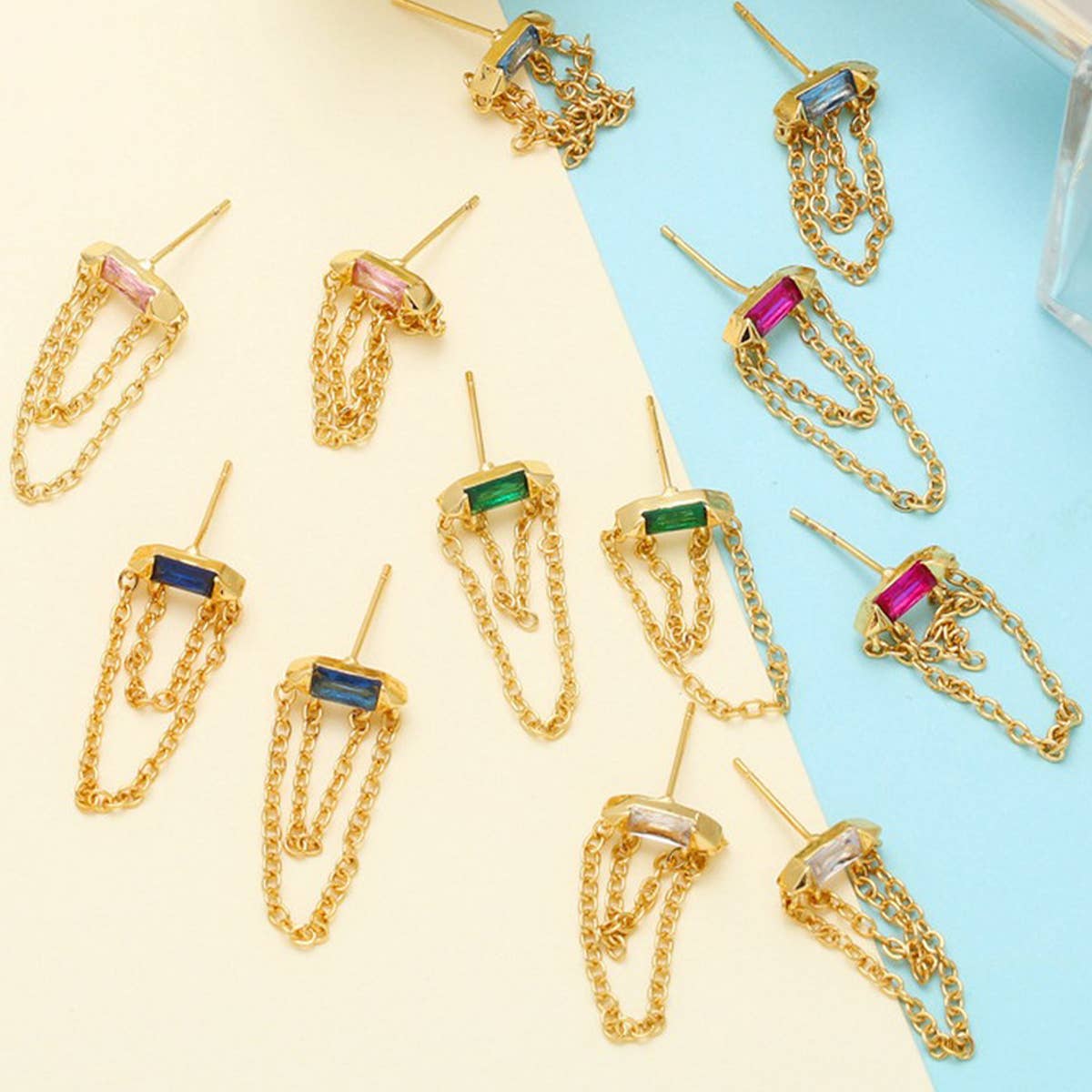 COLORED ZIRCON CHAIN TASSEL EARRINGS